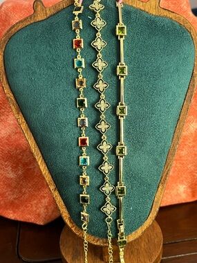 Gold Multicolor Station Bracelets: Clovers, Multi stone, Green Stones 7” adj